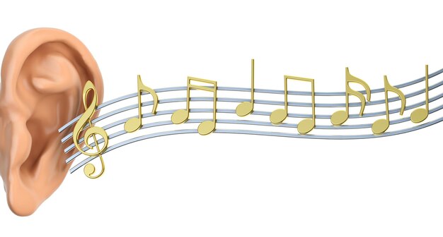 ear and music notes coming 3D rendering