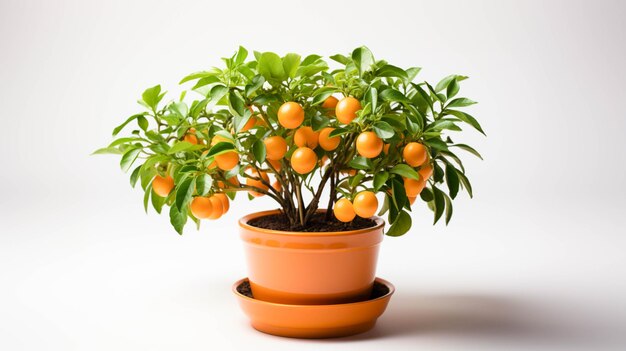 Photo early harvest orange tree in a pot on white background