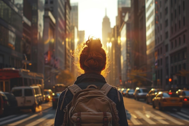 Foto prime ore in città con una figura che contempla l'alba tra taxi e traffico