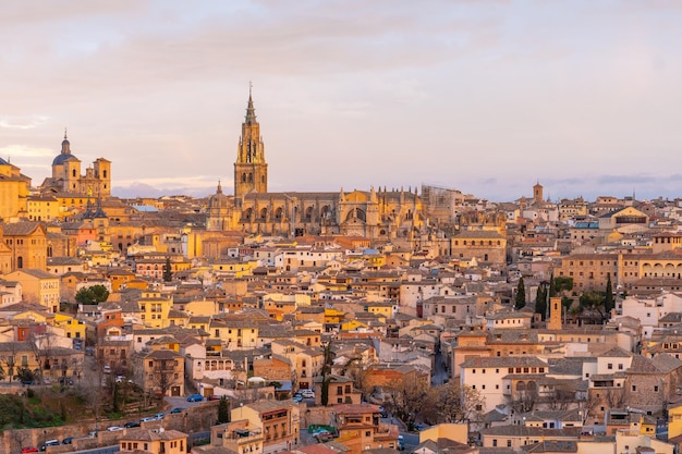 Early hours of the medieval city of Toledo in Castilla La Mancha, Spain. View from the Ermita del Valle. Alzacar and Santa Iglesia Primada.