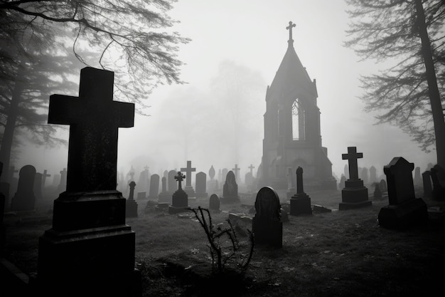 An early mist covering an grave yard with gravestones The headstones in the foreground Generative AI