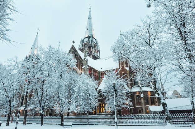 Early morning Church of Sts Olha and Elizabeth in Lviv city Ukraine