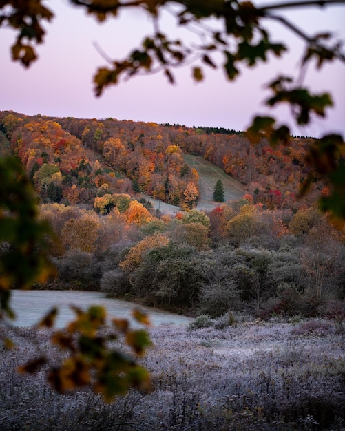 Photo early morning colors from a fall sunrise with frost on the ground and a ski resort in the background