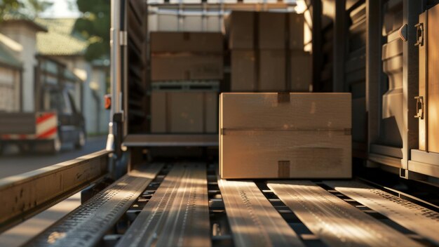 Early morning delivery scene with a single cardboard box in the back of a transport truck