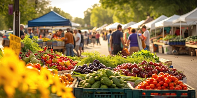 Foto una scena del mercato dei contadini al mattino presto resplendente