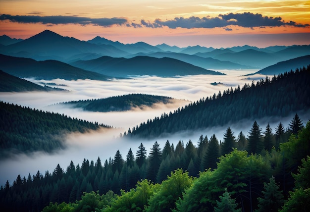 In the early morning forests and mountains are shrouded in mist and clouds