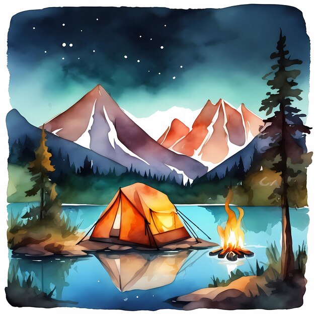 Photo early morning over an inconspicuous tent watercolor hand painted illustration