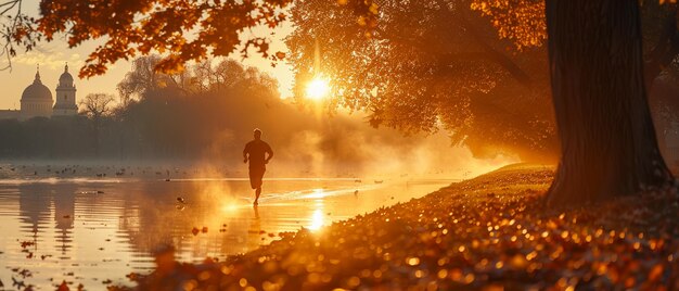 Early morning joggers silhouette against a misty park sunrise a runners motion blurs into the dawn