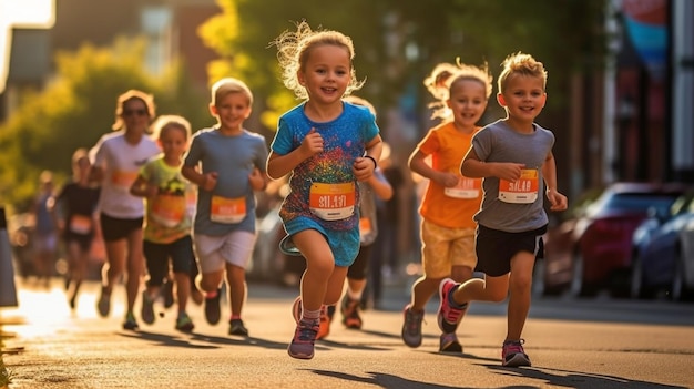 Foto alla luce del mattino i bambini corrono in una corsa per bambini su una strada cittadina mentre si concentrano sulle loro gambe ia generativa