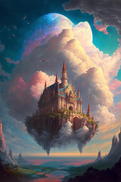 Early morning magnificent palace in the clouds colorful Generative Ai