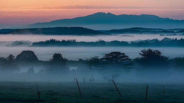 Early morning mist veils the landscape in mystical serenity