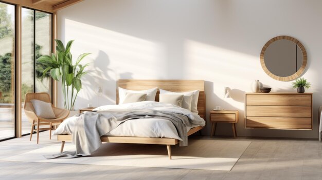 Рано утром в современной и яркой белой спальне с деревянной мебелью подушки одеяла поднос с едой на кровати ночной стол и круглое зеркало, висящее на стене