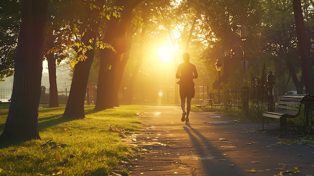 Early morning run in the park A young man is running on a parks path surrounded by lush trees and bathed in warm sunlight