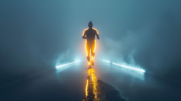 LED 조명으로 조명된 이른 아침 달리기 선수가 안개를 통해 빛의 흔적을 조각하는 역동적인 디스플레이