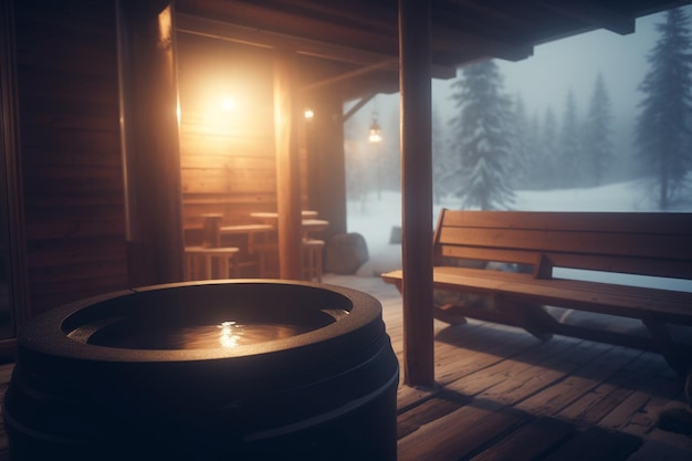 Photo early morning sauna in snowy mountain hostel with sunlit windows and sunrise