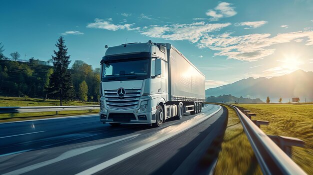 Photo early morning semi truck speeds along a winding road through the mountains