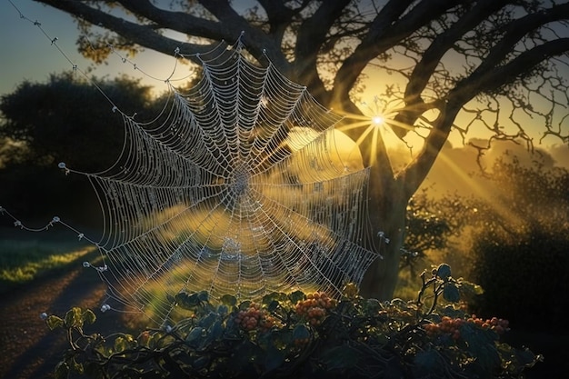 朝早くの太陽の光がクモの網に照らす