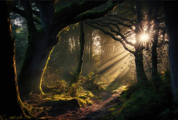 Рано утром на рассвете в темном залитом солнцем лесу