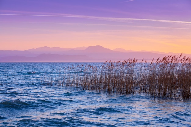 이른 아침 일출 호수 가르다 호수 라고 디 가르다 이탈리아 유럽