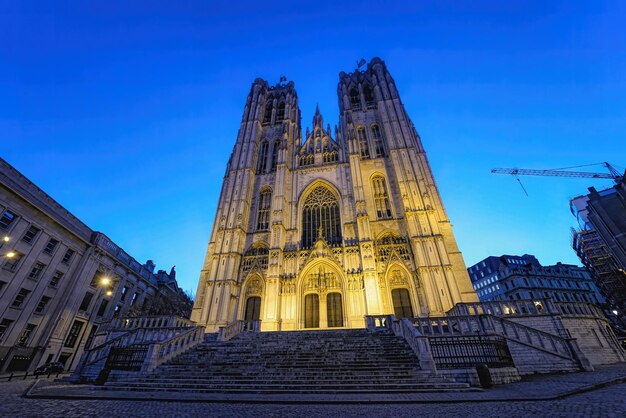 Early morning wide angle at the cathedral of st michael and st gudula in brussels central district