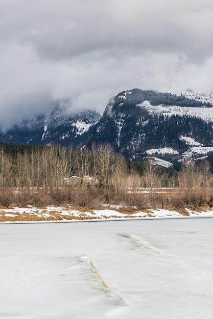 Foto fiume columbia all'inizio della primavera nella giornata nuvolosa di neve con le montagne in lontananza