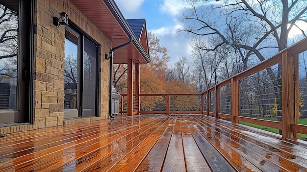 In early spring refinish the patio of a big home with a walkout cedar wood deck