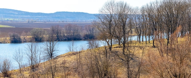 Early spring. Spring landscape with trees by the river and picturesque cloudy sky