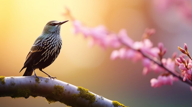 In early spring a starling sings on a tree branch AI generated