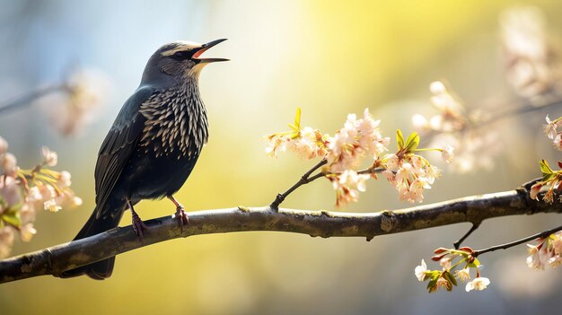 In early spring a starling sings on a tree branch AI generated