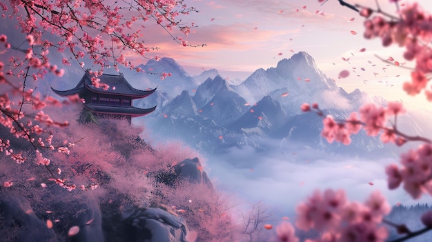 Photo early winter mountain landscape view of cherry blossoms in front of the eyes