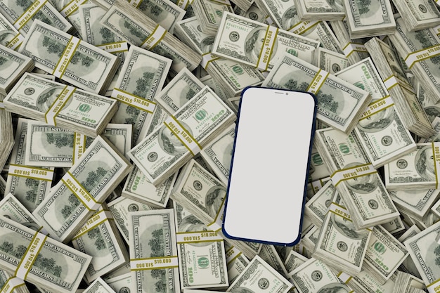 Earn money online from smartphone phone on the background of\
patterns of paper dollars 3d render