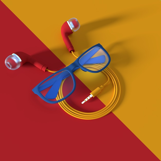 Earphone with blue glasses on red and yellow