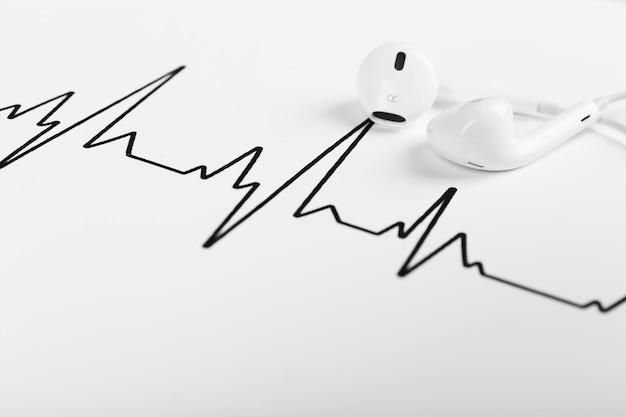 Photo earphones on cardiogram background