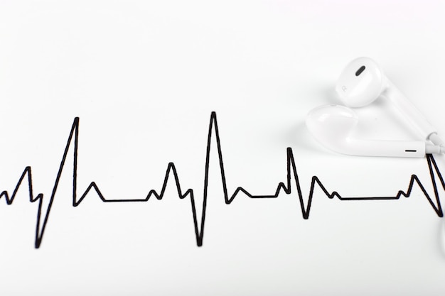 Photo earphones on cardiogram background