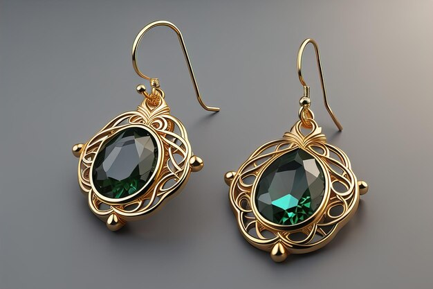 Earrings made of gold on a solid color background close up ai generative