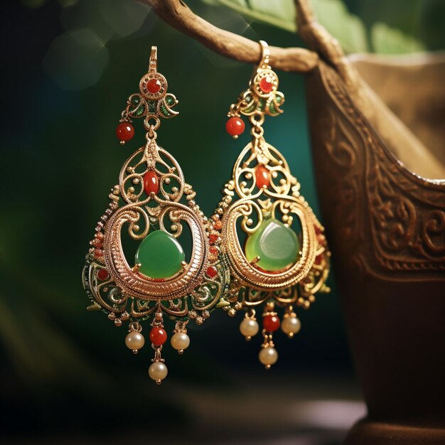 earrings with green and red stones are hanging from a tree branch generative ai