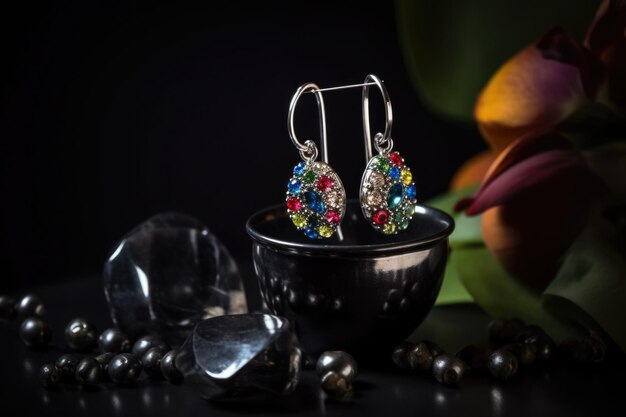 Photo earrings with sapphires on a dark background