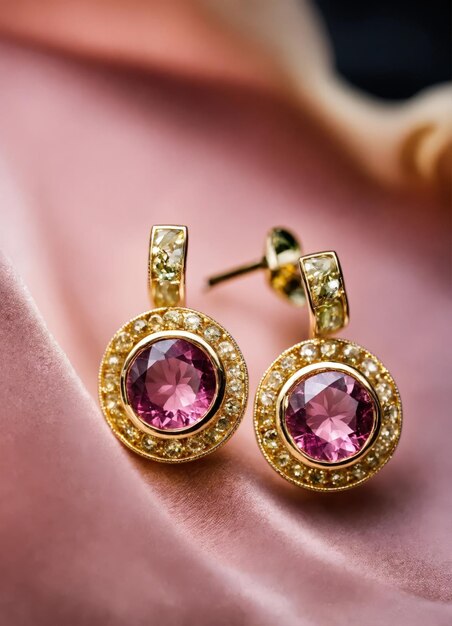 Earrings with tourmaline on a pink background