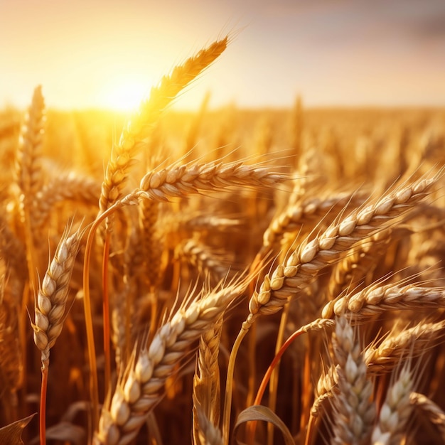 Ears of golden wheat on the field at sunset Nature background