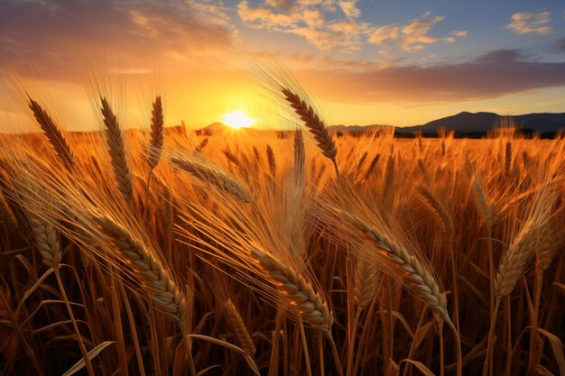 Ears of golden wheat growing in agricultural field at sunset Generative AI