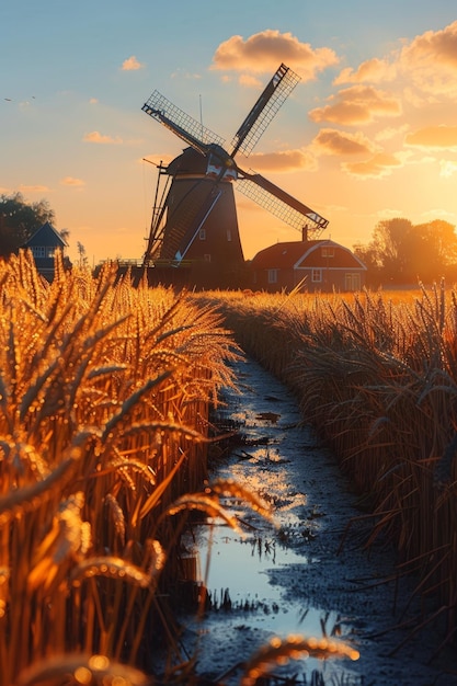 Ears of golden wheat and a mill Beautiful natural landscape at sunset A field with wheat