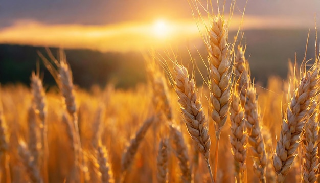 夕日の光の中の野原に小麦の穂のクローズアップ