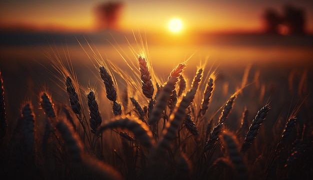 Ears of wheat in the field sunset Generative AI