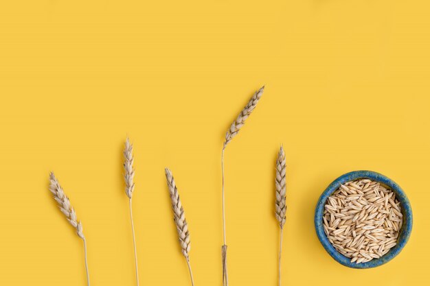 Foto spighe di grano e grano in un piatto rotondo