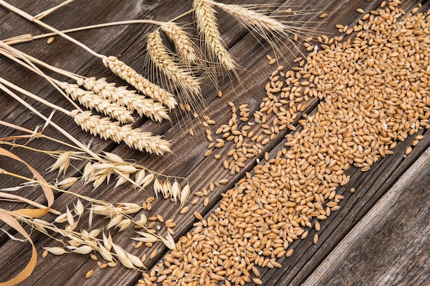 Ears of wheat on old wooden table