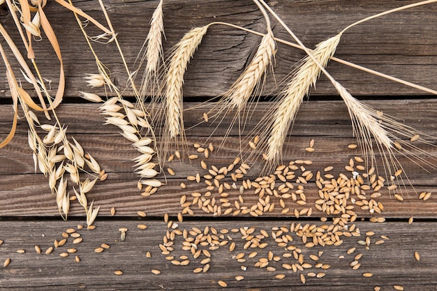 Ears of wheat on old wooden table