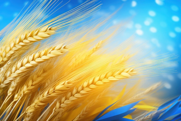 Ears of wheat on Ukrainian national flag Symbols of Ukraine AI generated