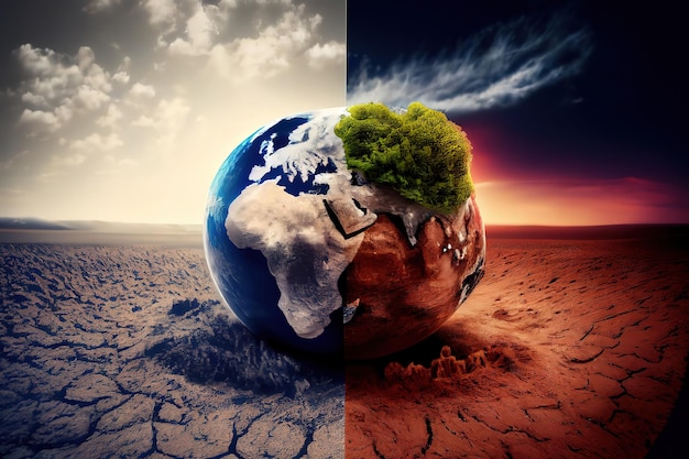 Photo earth on a background of grass and clouds versus a ruined earth on a background of a dead desert