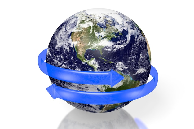 Earth and blue arrows on white background