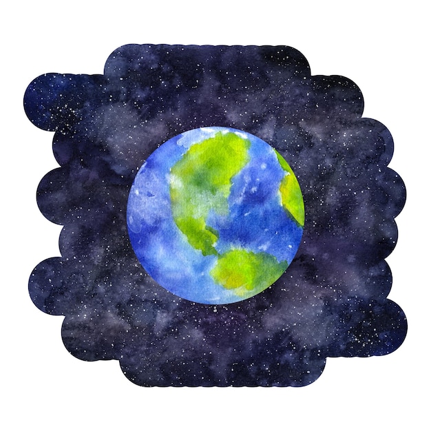 Голубая планета Земля Солнечная система Космос космический клипарт Ручная рисунка акварельная иллюстрация изолирована на темном небесном фоне Элемент дизайна логотип открытки плаката